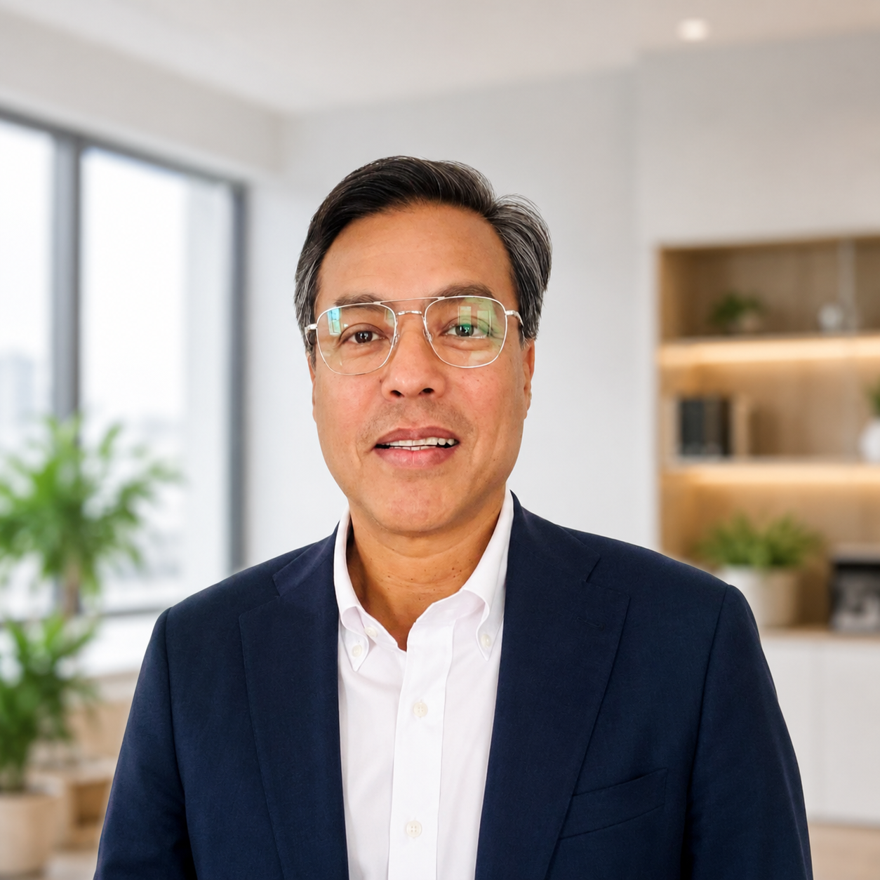Professional man wearing glasses and a dark suit in a modern office.