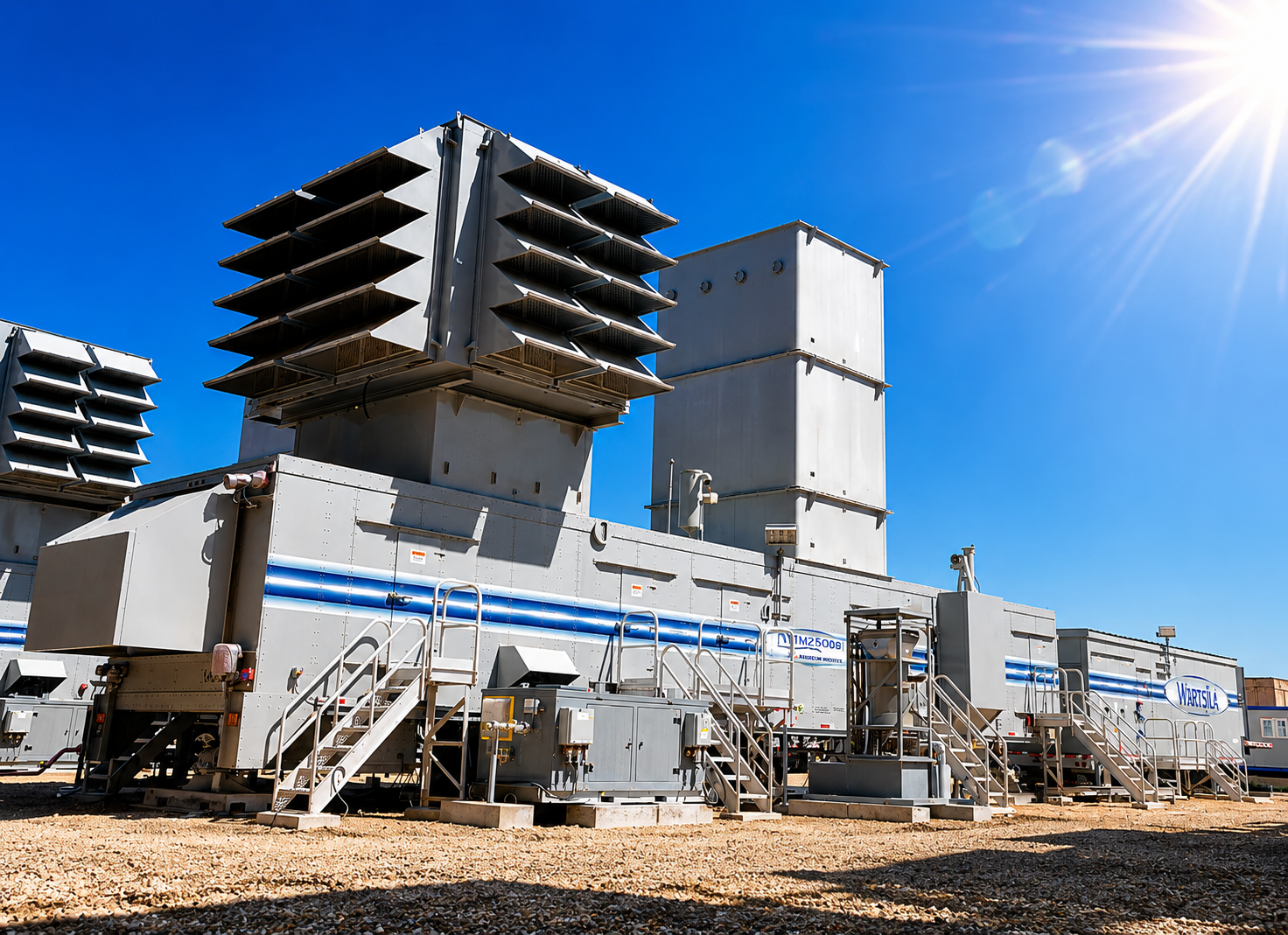 Industrial equipment with large cooling fans or vents in an outdoor setting, with a clear blue sky and sunlight.