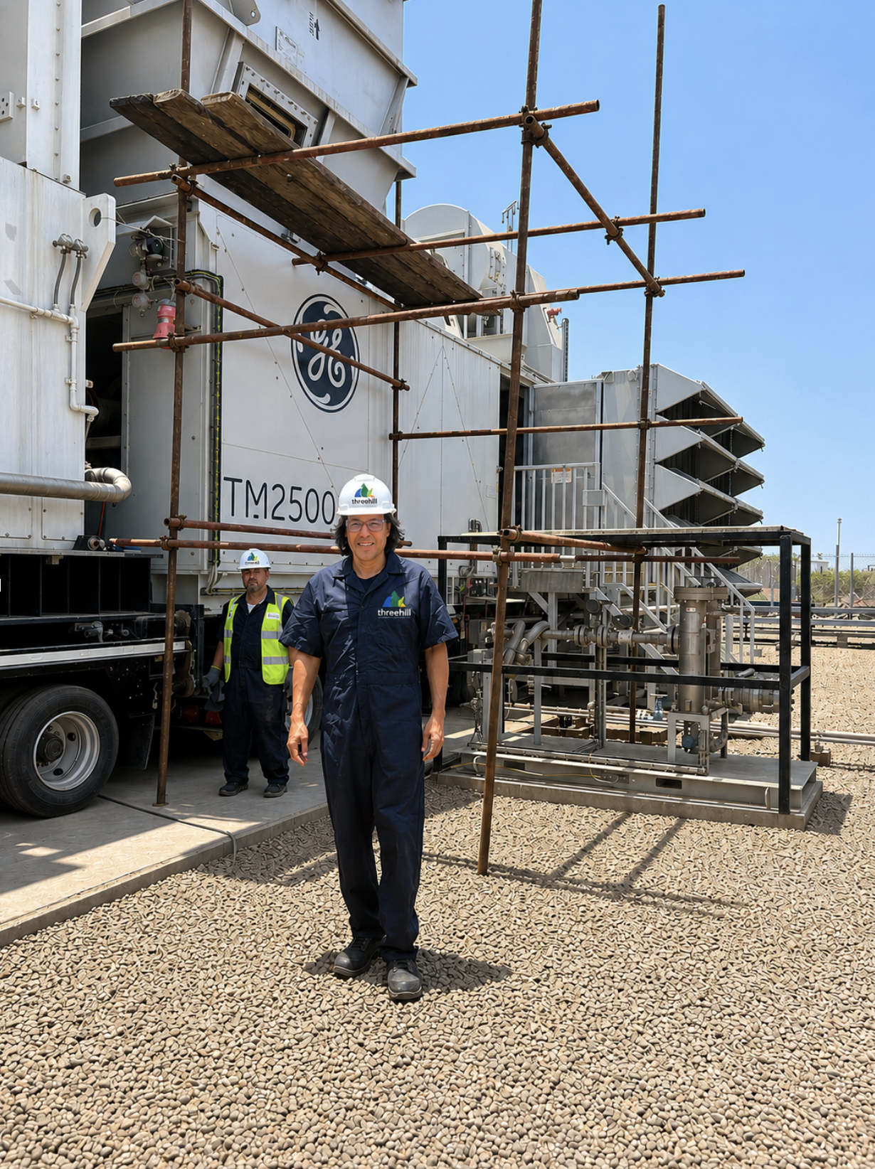 Two workers standing outside at a construction site with a large GE TM2500 industrial generator. The worker in the foreground is smiling and wearing a blue uniform with a helmet that says 'threehill.' The second worker is in the background wearing a reflective vest and a helmet, standing next to the generator. Scaffolding surrounds the generator, and the ground is covered with gravel under a clear blue sky.