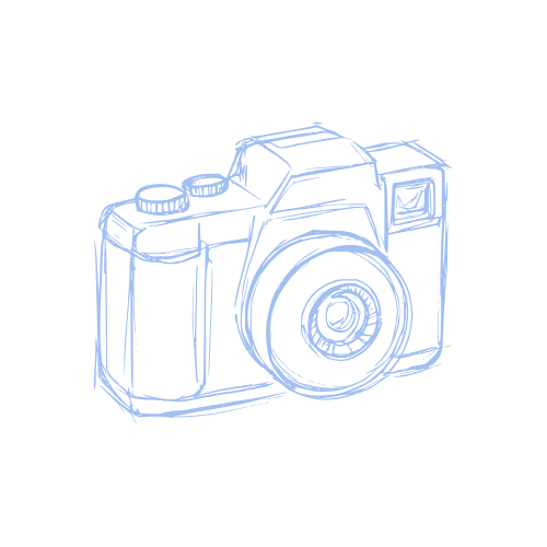 Blue line drawing of a vintage camera in light blue on a white background.