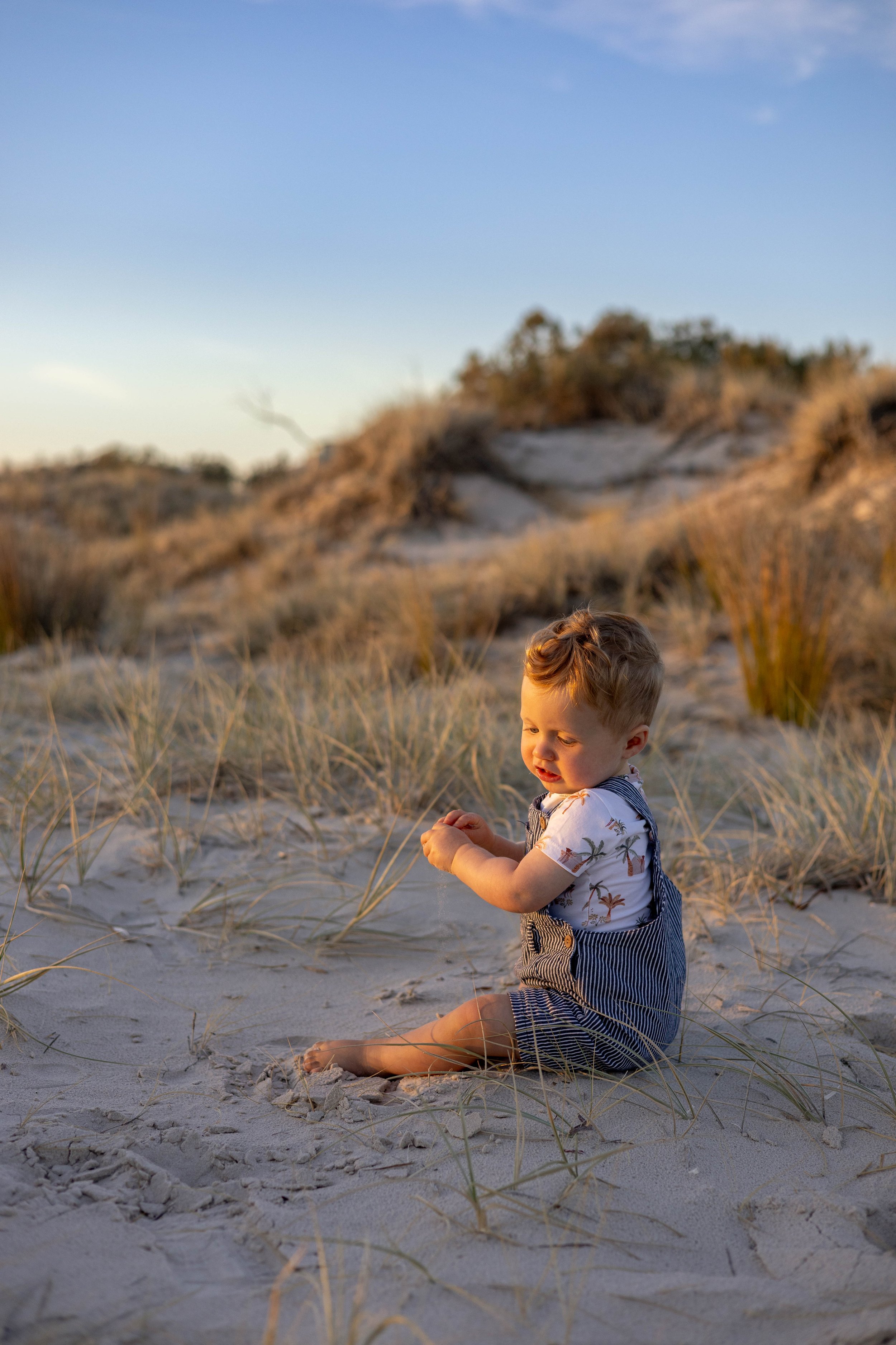 A young child sitting on sandy beach with grass, during sunset, wearing a white shirt with palm trees design and striped overalls.
