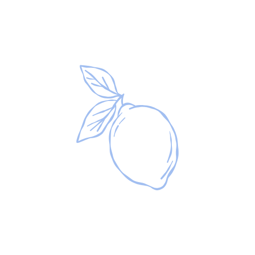 A simple blue line drawing of a lemon with a leaf.