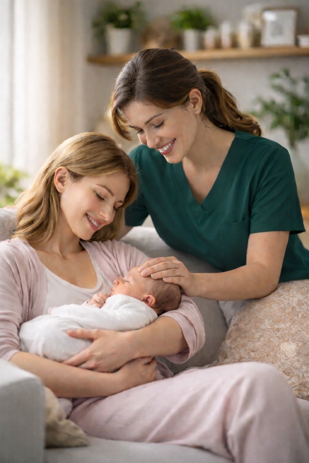 Carer looking at a mum and newborn