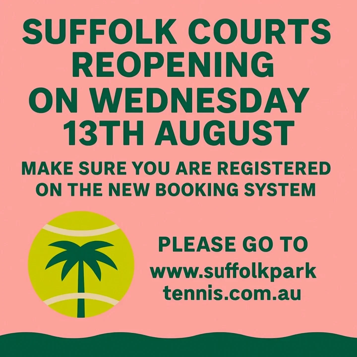 🎾 Council has advised that the final works to make the courts safe will occur early next week and the courts will re-open on Wednesday, 13 August&nbsp; 2025. This will be for daytime use only.&nbsp;

ALL court bookings have to go through the new boo
