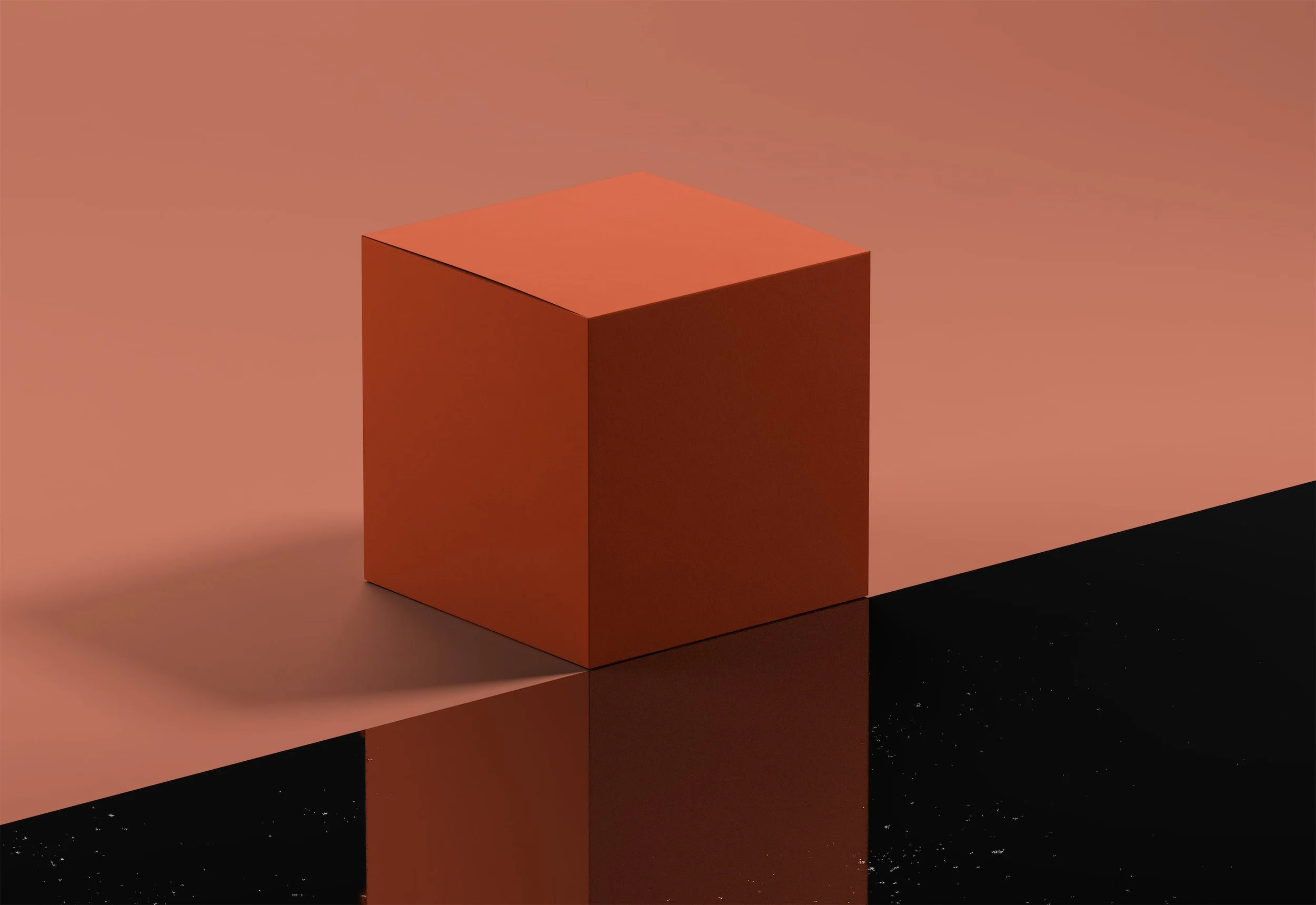 A minimalist orange cube is positioned on a reflective surface, with a soft pink background and a black section at the bottom right, creating a modern and abstract composition.