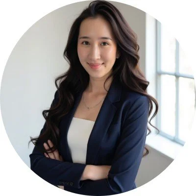 Professional woman with long wavy hair wearing a dark blazer and white top, standing in front of a window.
