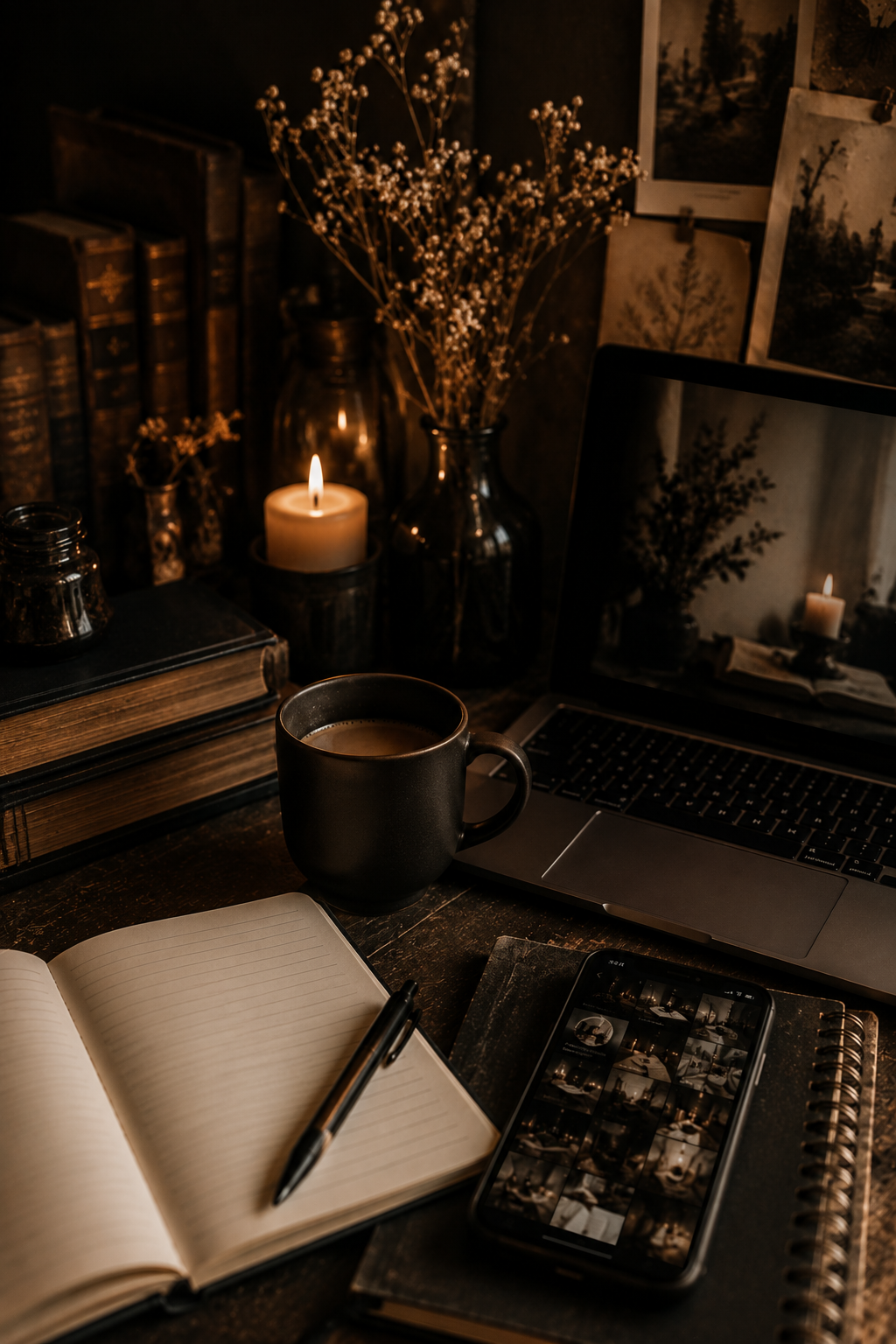 A cozy workspace featuring a lit candle, a black coffee mug, an open notebook with a pen, a laptop displaying a photo gallery, a smartphone with a photo grid, vintage books, and dried flowers in a vase, all illuminated by warm candlelight.