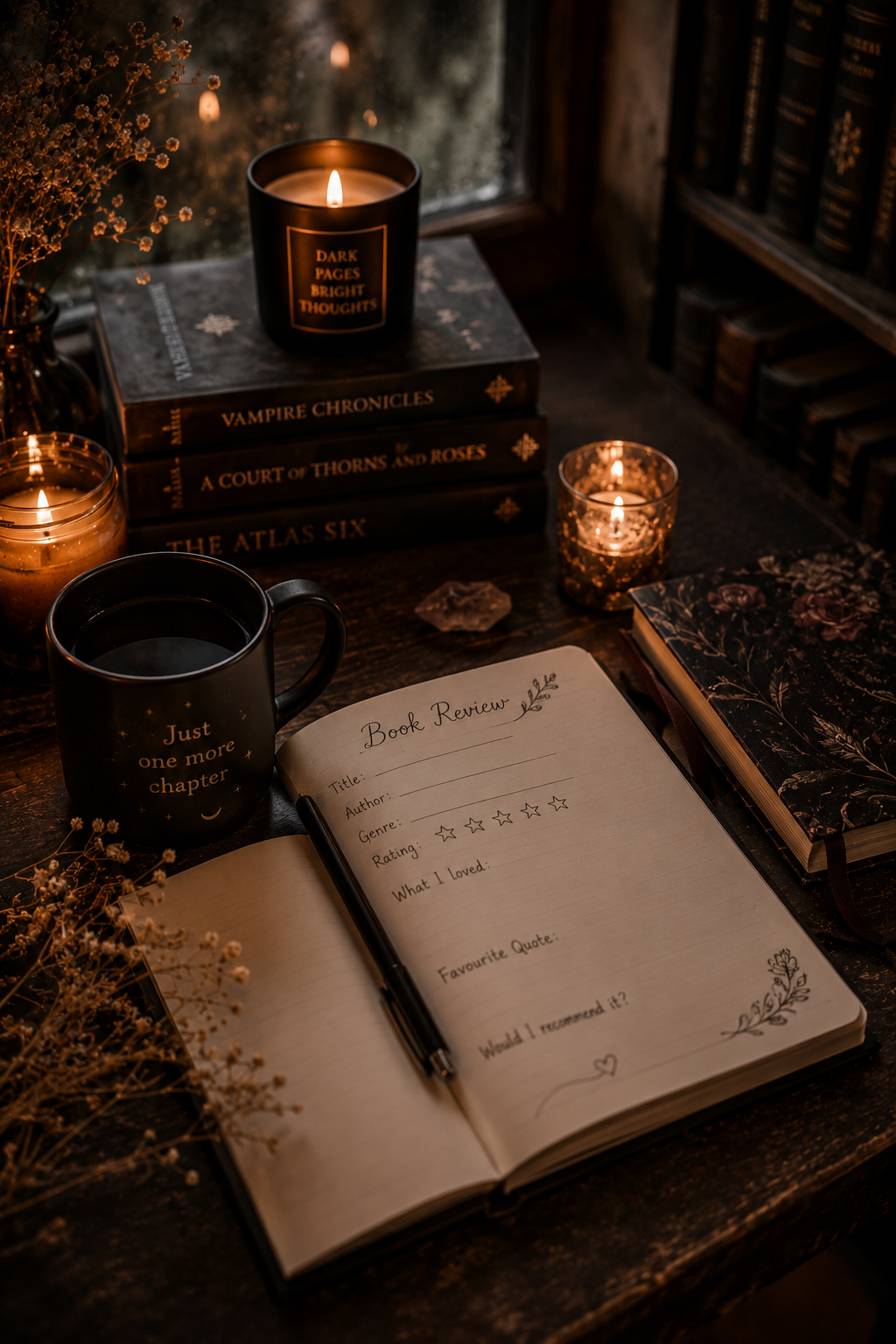 A cozy desk setup with a lit candle, a coffee mug that reads 'Just one more chapter,' an open notebook for a book review, and several books including 'Vampire Chronicles,' 'A Court of Thorns and Roses,' and 'The Atlas Six.'