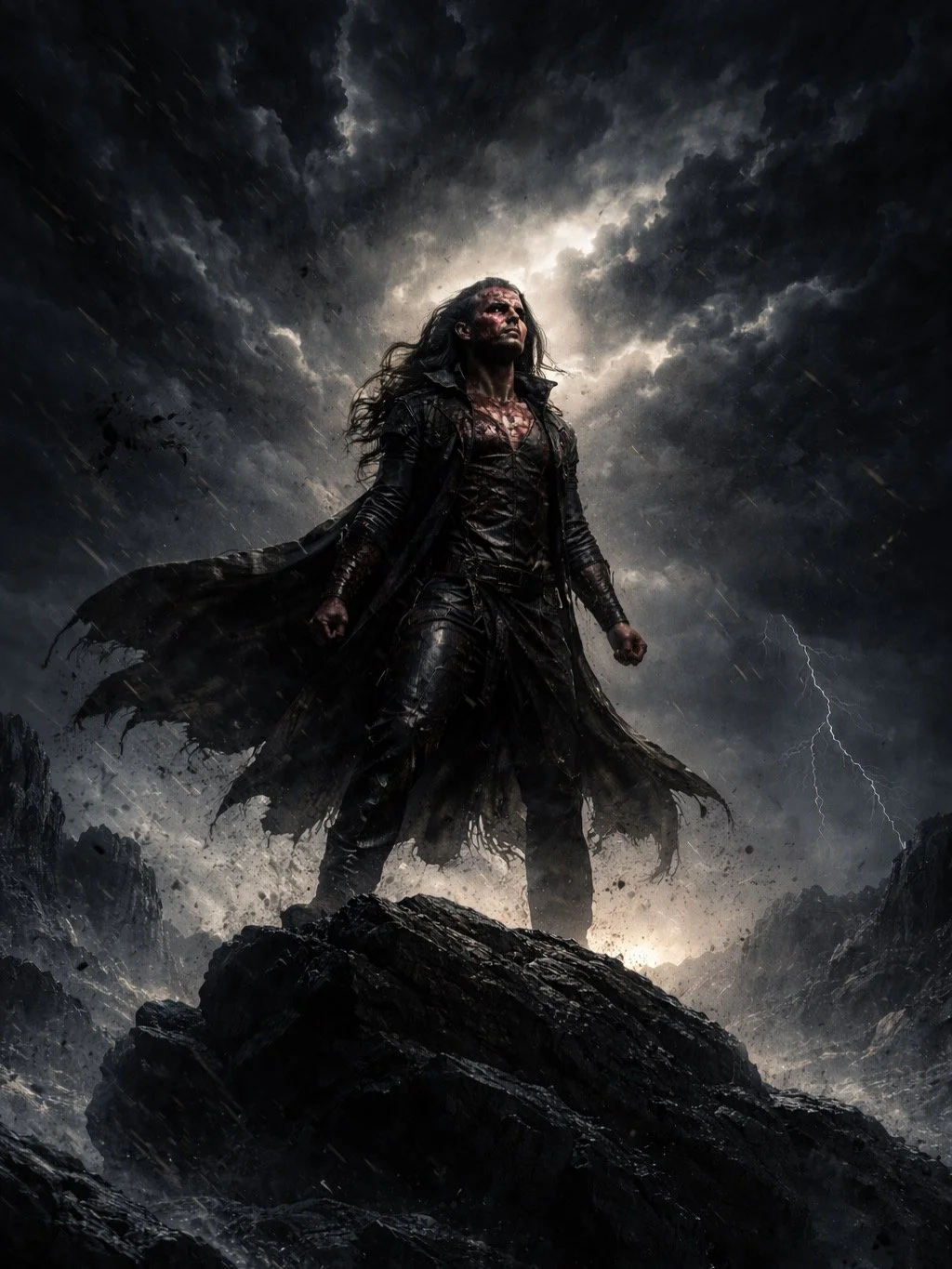 A woman with long hair, dressed in black, standing on rocky terrain during a storm with dark clouds, lightning, and rain, looking determined.