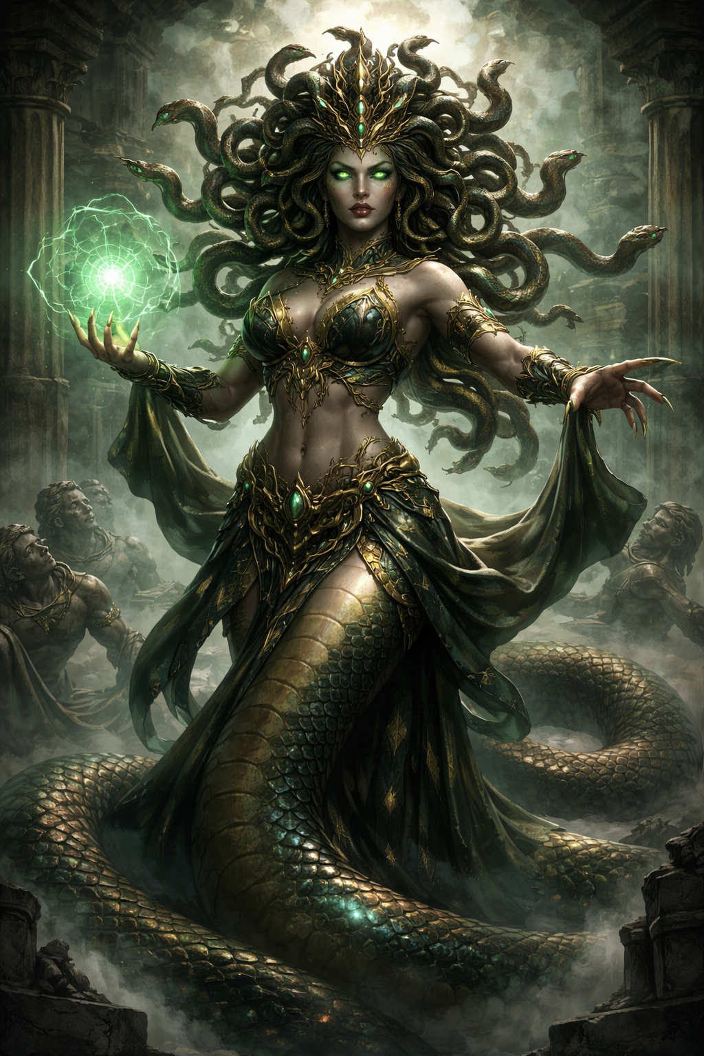 A fantasy artwork of Medusa as a serpentine goddess with green glowing eyes, adorned in gold and emerald jewelry, holding a glowing green orb, surrounded by ancient ruins and statues.