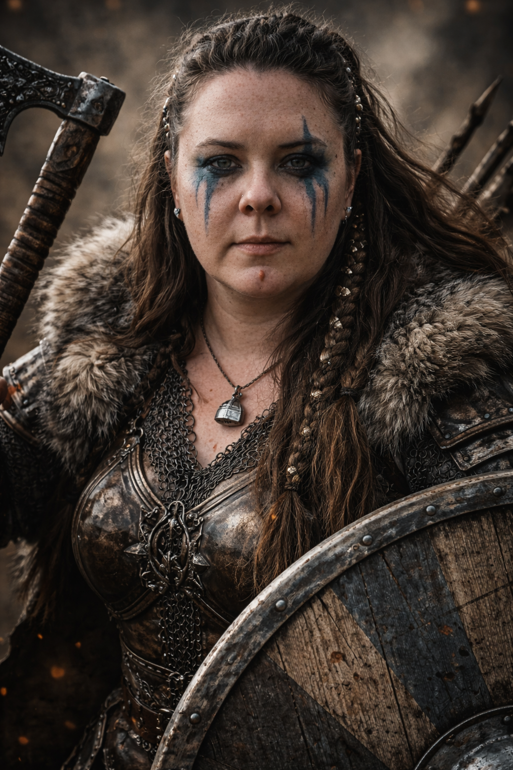 Woman dressed as a Viking warrior with face paint, leather armor, fur cloak, braided hair, holding a shield, and standing outdoors.