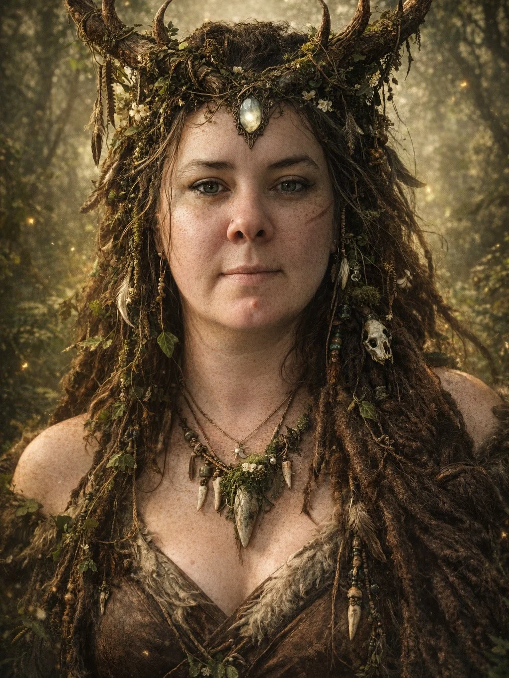 A woman dressed as a nature or forest spirit with long, curly hair decorated with leaves, feathers, and small skull charms, and wearing jewelry made of natural elements, standing in a forest setting.