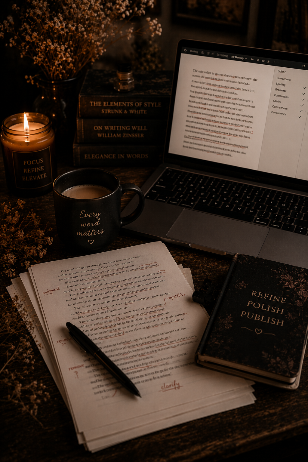 A dark wooden desk with a lit candle in a gold container labeled "Focus Refine Elevate," a black mug that reads "Every word matters," several printed pages with editing notes, a black pen, a laptop with editing software open, a closed book titled "Refine Polish Publish," a stack of books including "The Elements of Style," a black notebook, and dried flowers.