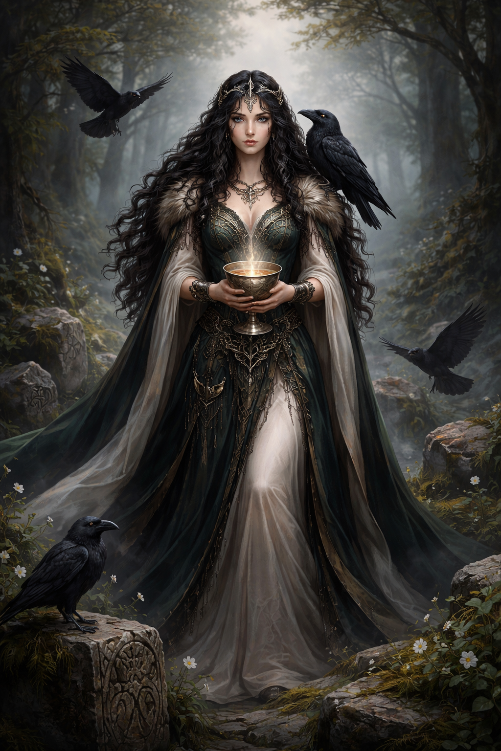 A fantasy scene of a woman with long, curly dark hair, dressed in elaborate medieval-style green and gold gown with flowing sleeves and fur accents, standing in a misty forest. She holds a glowing golden chalice with an ethereal glow. Black ravens fly around her, some perched on trees and rocks, amid lush foliage, rocks, and small white flowers.