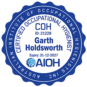 Seal badge for the Australian Institute Occupaational Hygiene, featuring the name Garth Holdsworth, certification ID 21228, expiry date December 31, 2027, with blue and white colors and a globe icon.