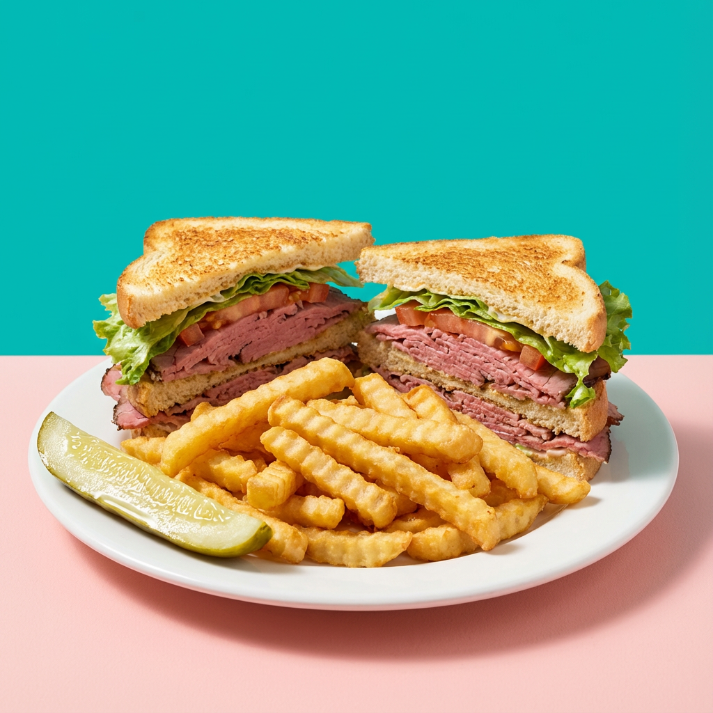 A plate with a sandwich cut in half, showing layers of roast beef, lettuce, tomato, and bread, served with French fries and a lemon wedge, against a pink and teal background.