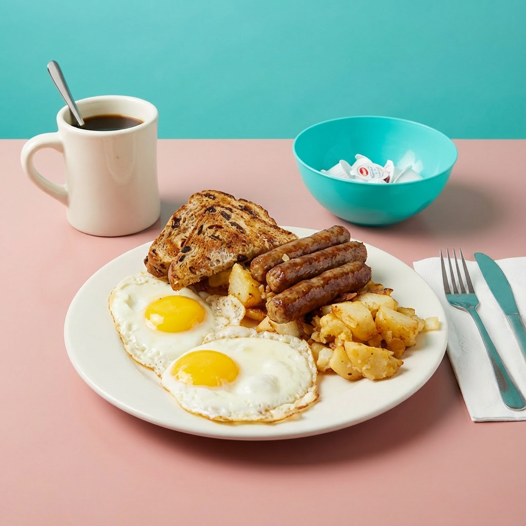 A breakfast plate with two fried eggs, grilled toast, sausages, and hash browns on a pink table with a fork and knife. A cup of black coffee with a spoon, and a blue bowl of sugar packets are in the background against a blue wall.