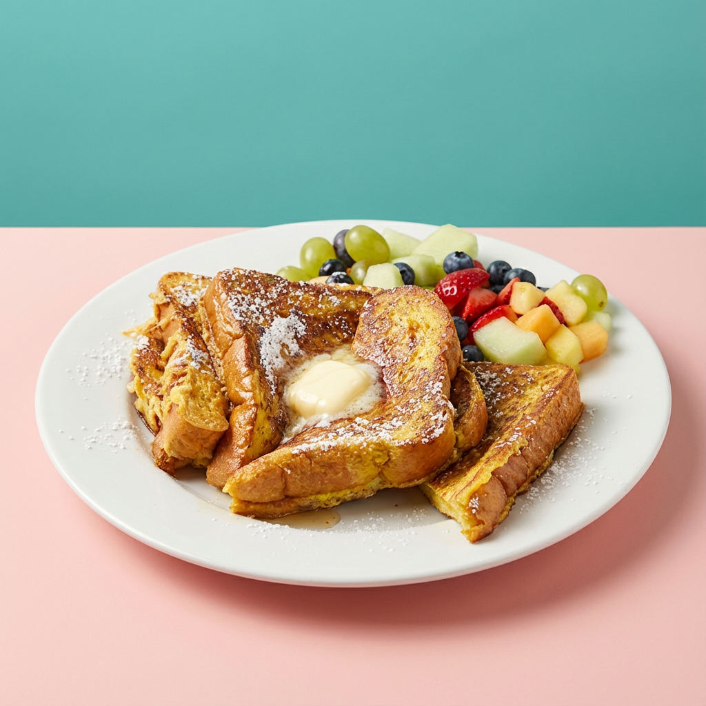 Plate of French toast topped with powdered sugar and butter, served with mixed fresh fruit including grapes, berries, and melon.