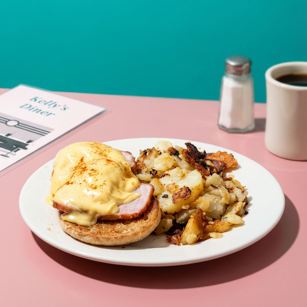 A breakfast plate with eggs Benedict topped with hollandaise sauce, served with home fries. A coffee cup, salt shaker, and a menu titled 'Kelly's Diner' are on the pink countertop against a blue background.