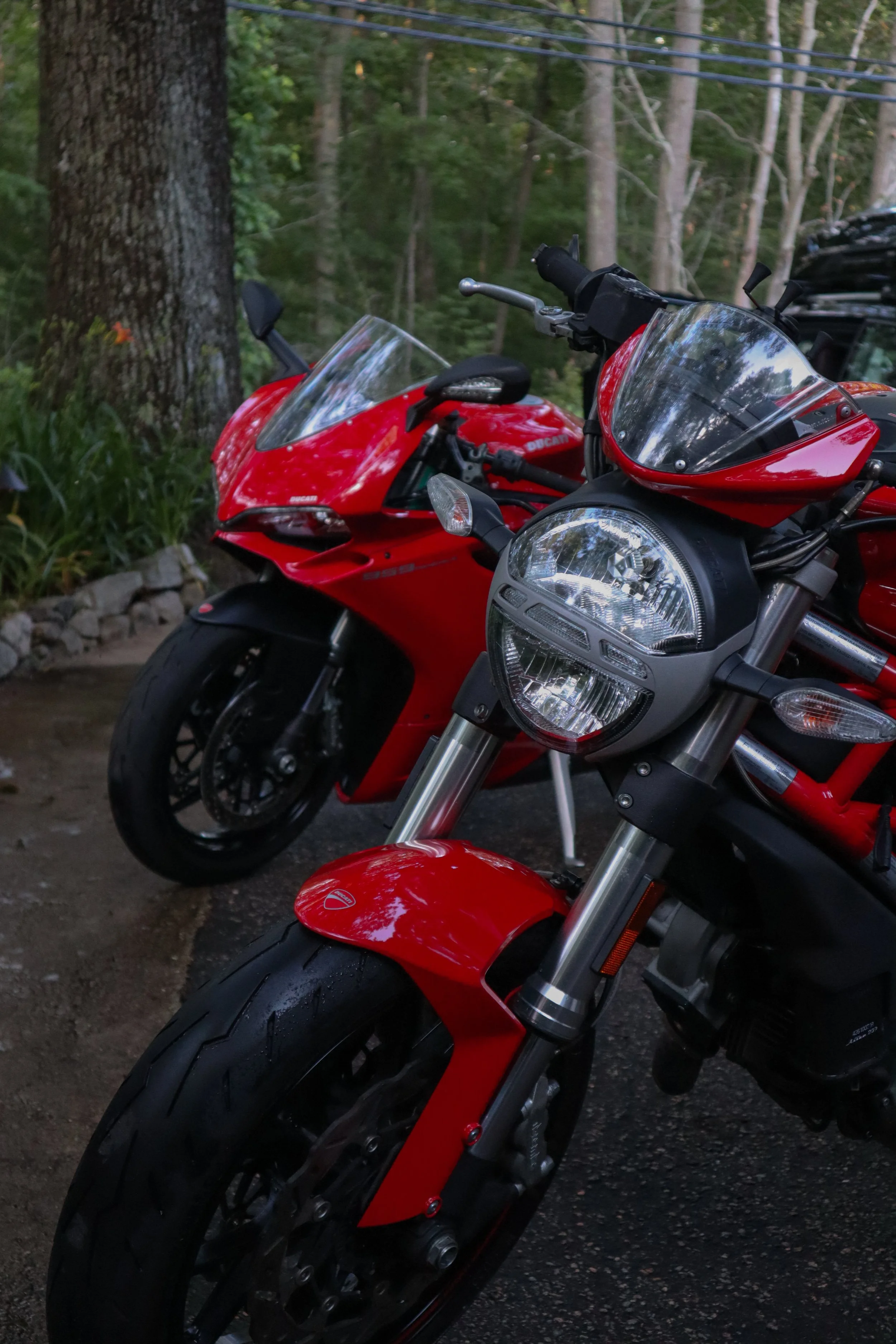 Two red motorcycles parked on a black asphalt surface with trees and greenery in the background.