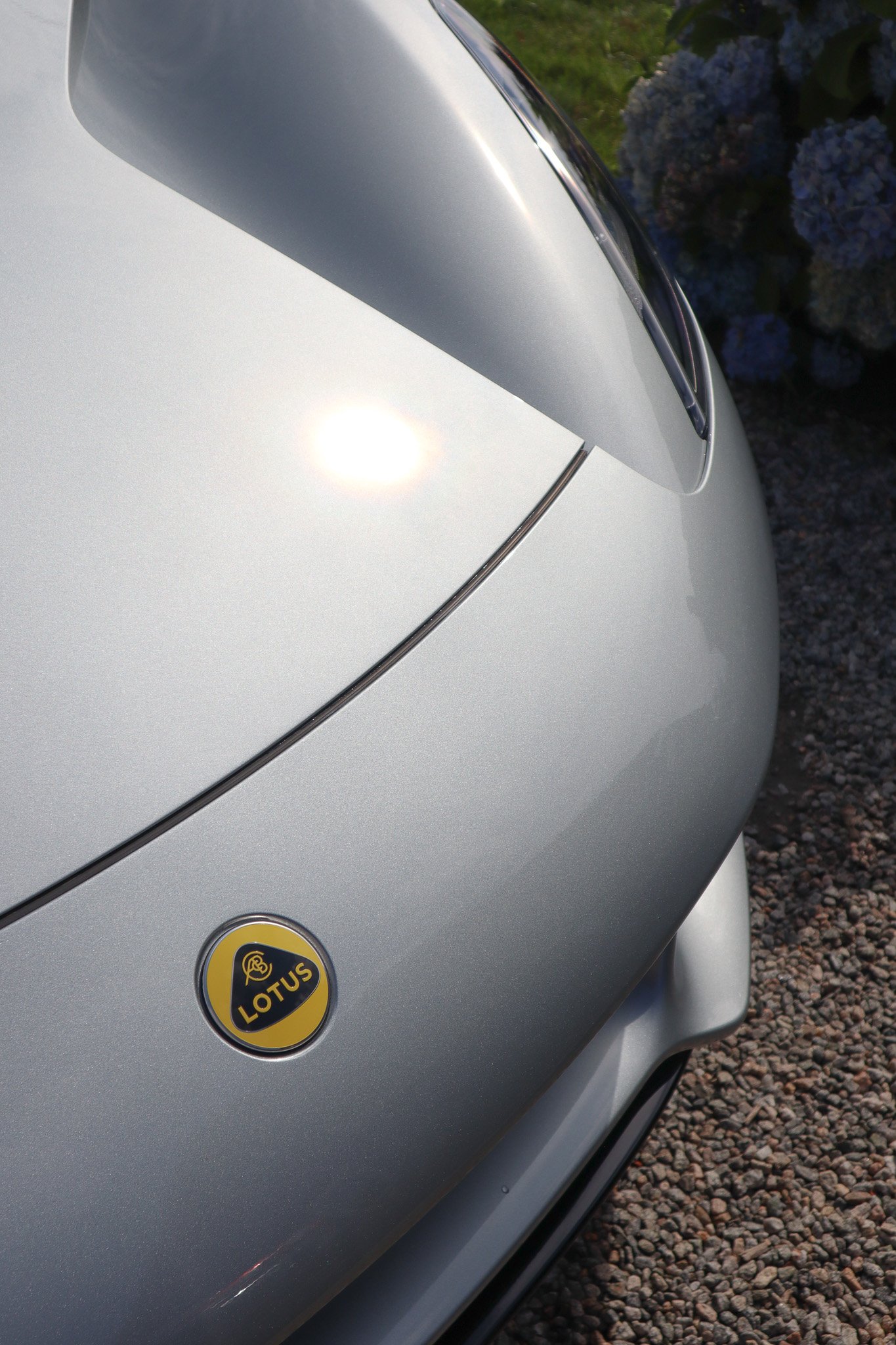 A close-up of the front part of a silver Lotus sports car, showing the Lotus badge and part of the headlight, with some plants and gravel in the background.