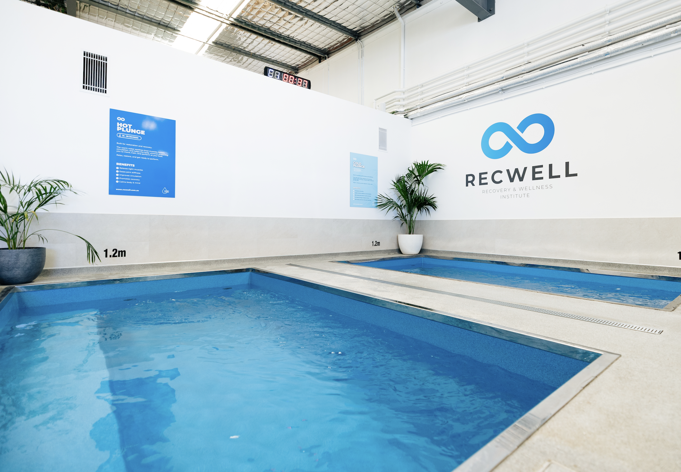 Indoor recovery and wellness center with one hydrotherapy pool and an ice bath pool and signage explaining hot and cold plunge benefits. Logo and name 'Recwell' on the wall, potted plants, and digital timer overhead.
