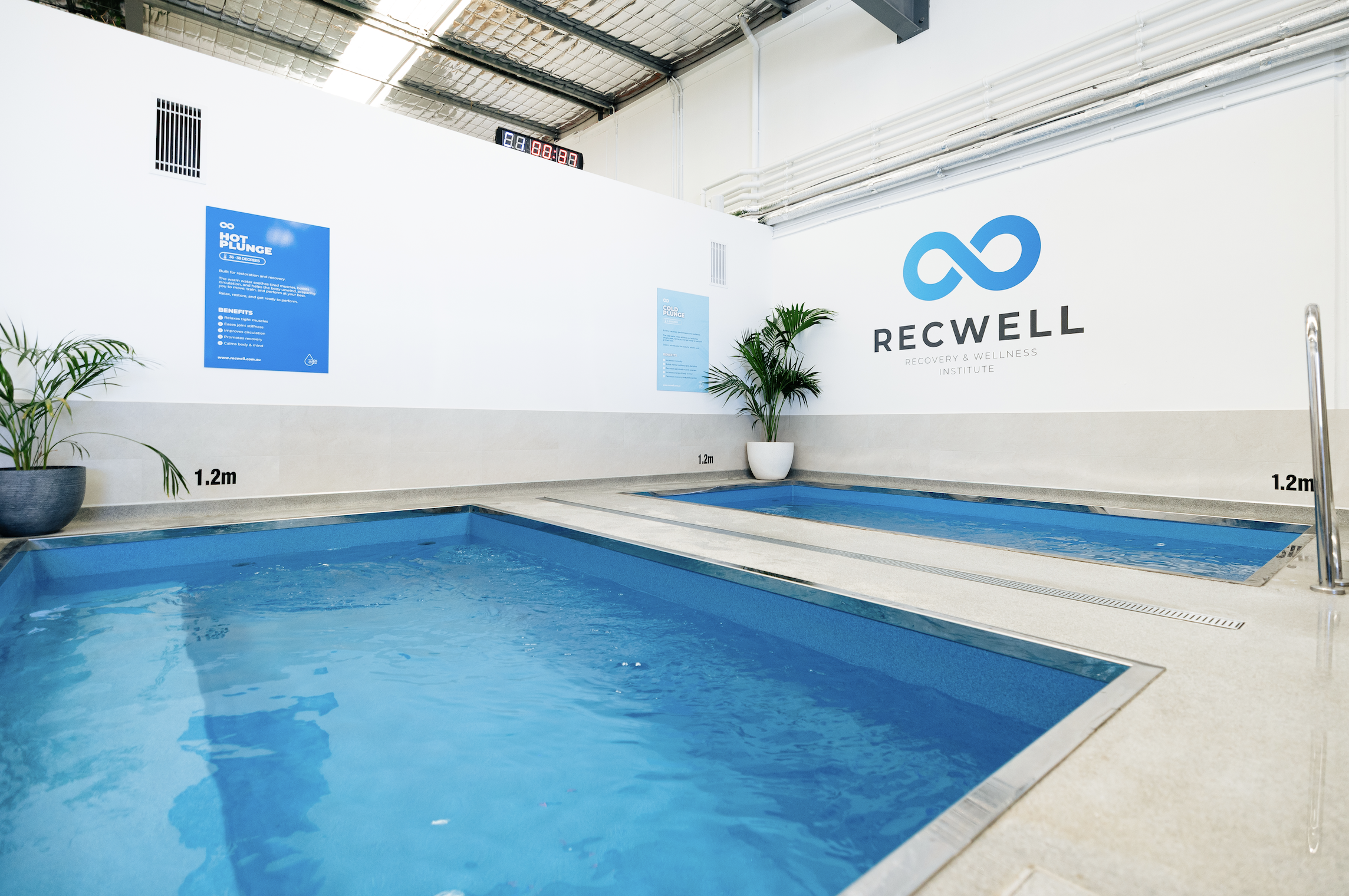 Indoor wellness center with two small thermal pools, white walls, potted plants, and a large logo with the words "RECWELL RECO VERY & WELLNESS INSTITUTE" on the wall.