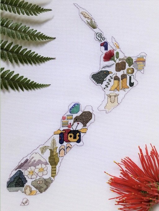 Cross stitch Map of New Zealand with icons by Cherry Parker