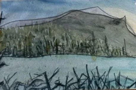 A watercolor painting of a landscape with a hill in the background, water in the foreground, and grass or reeds along the water's edge.