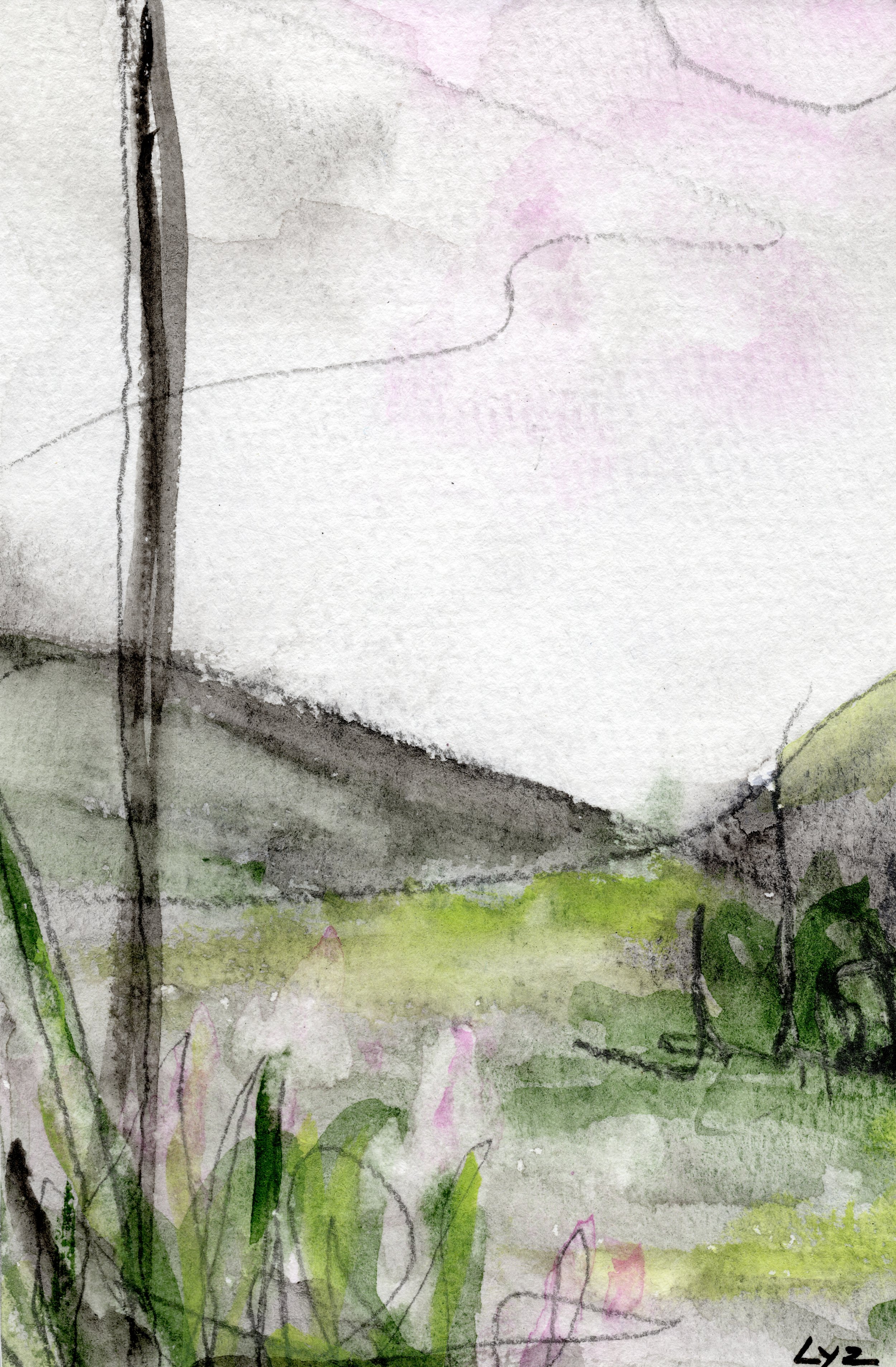 Watercolor painting of a rural landscape with a road, green grass, and trees.