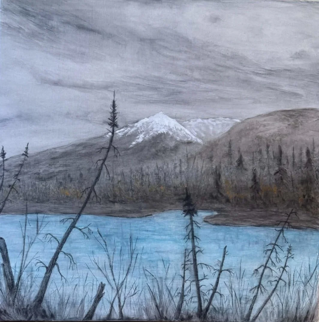 A landscape painting of snow-capped mountains, distant trees, and a blue lake in the foreground, with a cloudy sky overhead.