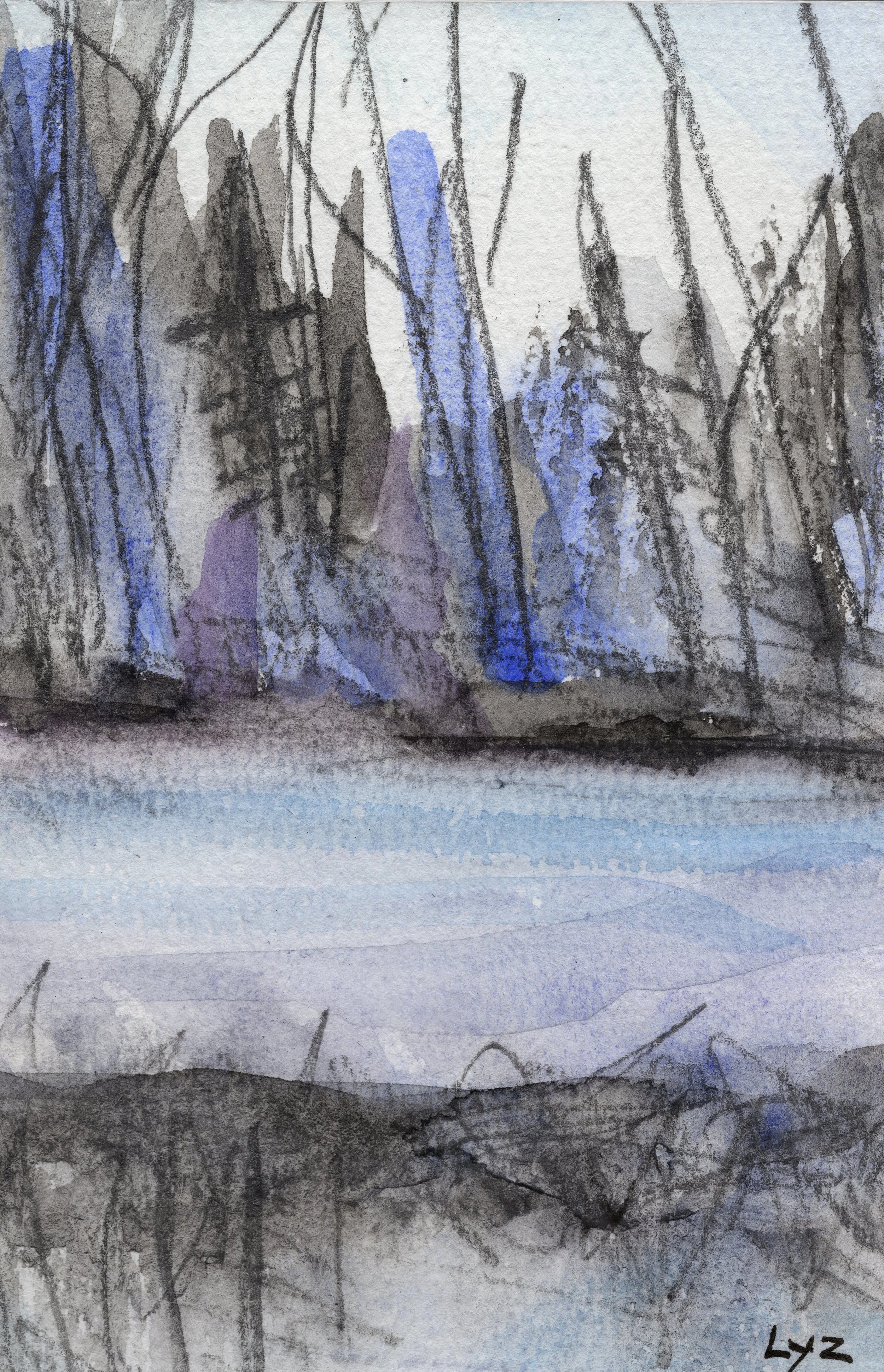 Watercolor painting of a forest with tall, slender trees in shades of black, gray, and blue, with a light background and the artist's signature 'Lyz' in the bottom right corner.