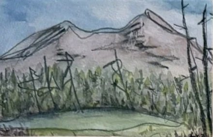 Watercolor painting of a mountain range with a forested area and power lines in the foreground.
