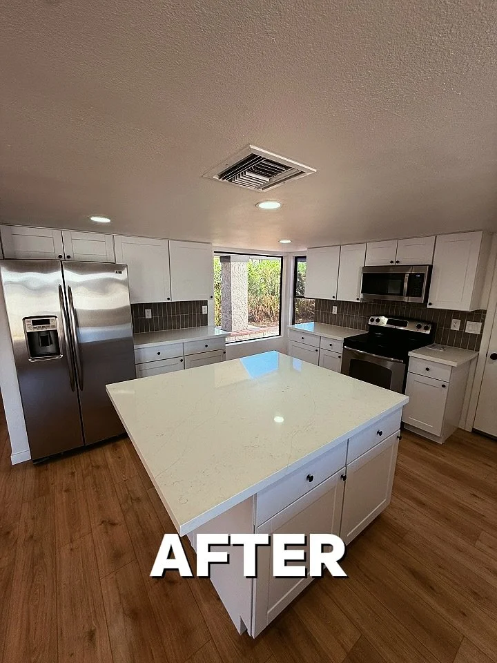 This house came with some&hellip; bold pattern choices. 😂

The first step was making it feel like one home instead of five different ones, so we scrapped the floors and went with a clean, consistent look.

Then we went big in the kitchen with an isl