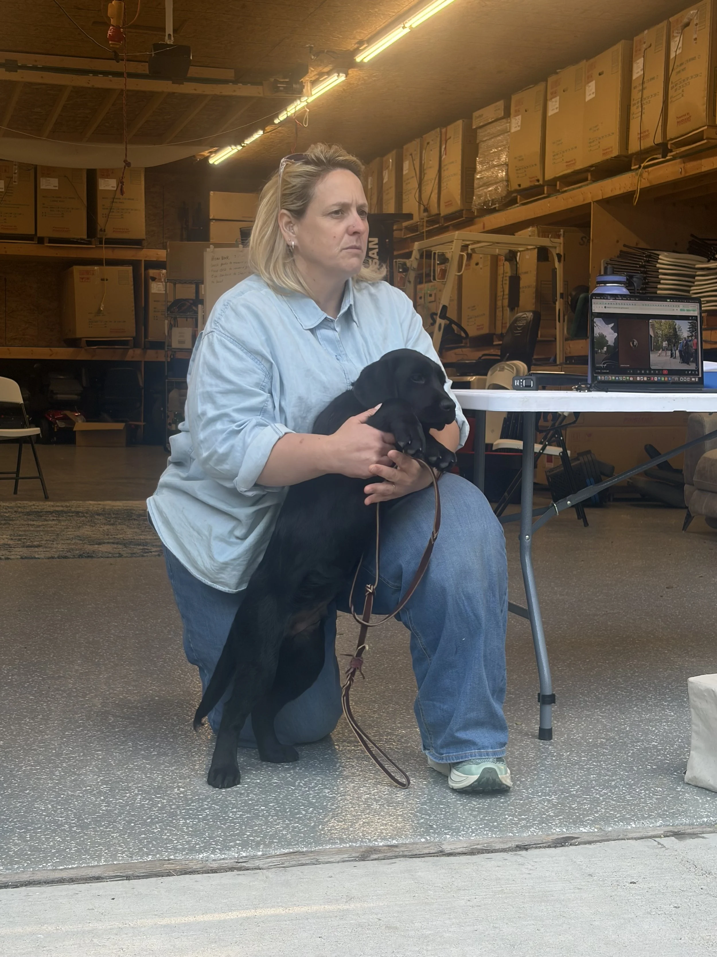 IAAD volunteer holding a black Labrador Retriever assistance dog puppy during early socialization.
