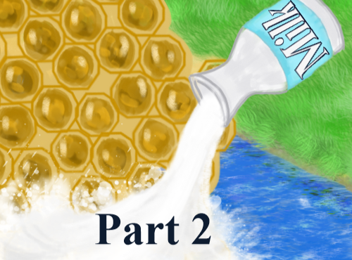 A honeycomb, a bottle labeled 'milk', and a stream of milk pouring out onto water with the words 'Part 2' at the bottom.
The promise land flowing with milk and Honey. Crossing the Jordan river