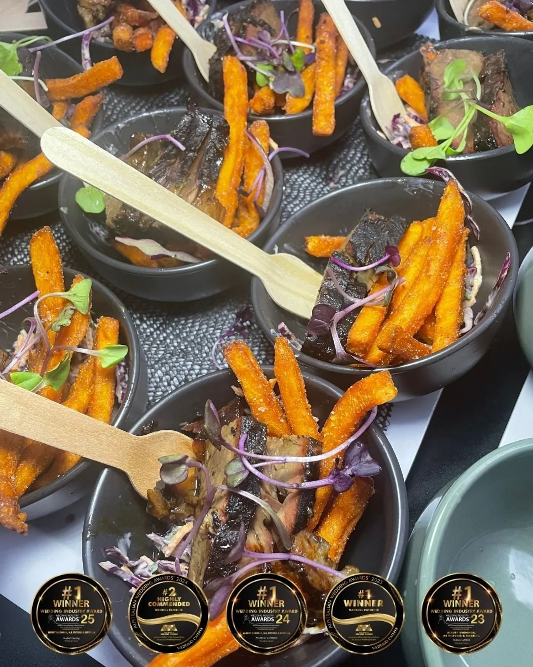 Bowl Food Option // Smoked Beef Brisket | Red Slaw | Sweet Potato Fries

See all of our Bowl Food menu options on our website.

www.marbullcatering.com