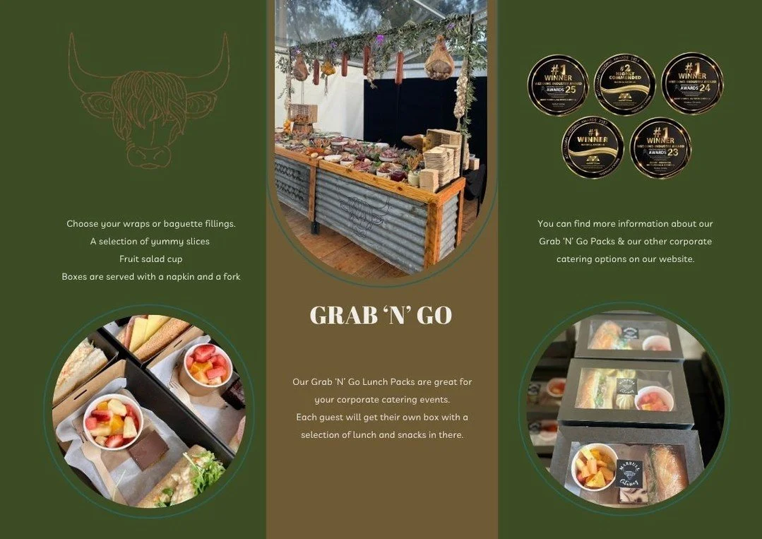Grab 'N' Go Boxes // A perfect way to cater for your corporate event.

You will recieve a wrap or baguette, a piece of housemade slice &amp; a fruit salad cup. Ready to grab on the go or sit down and eat.

You can view all of our corporate cateriung 