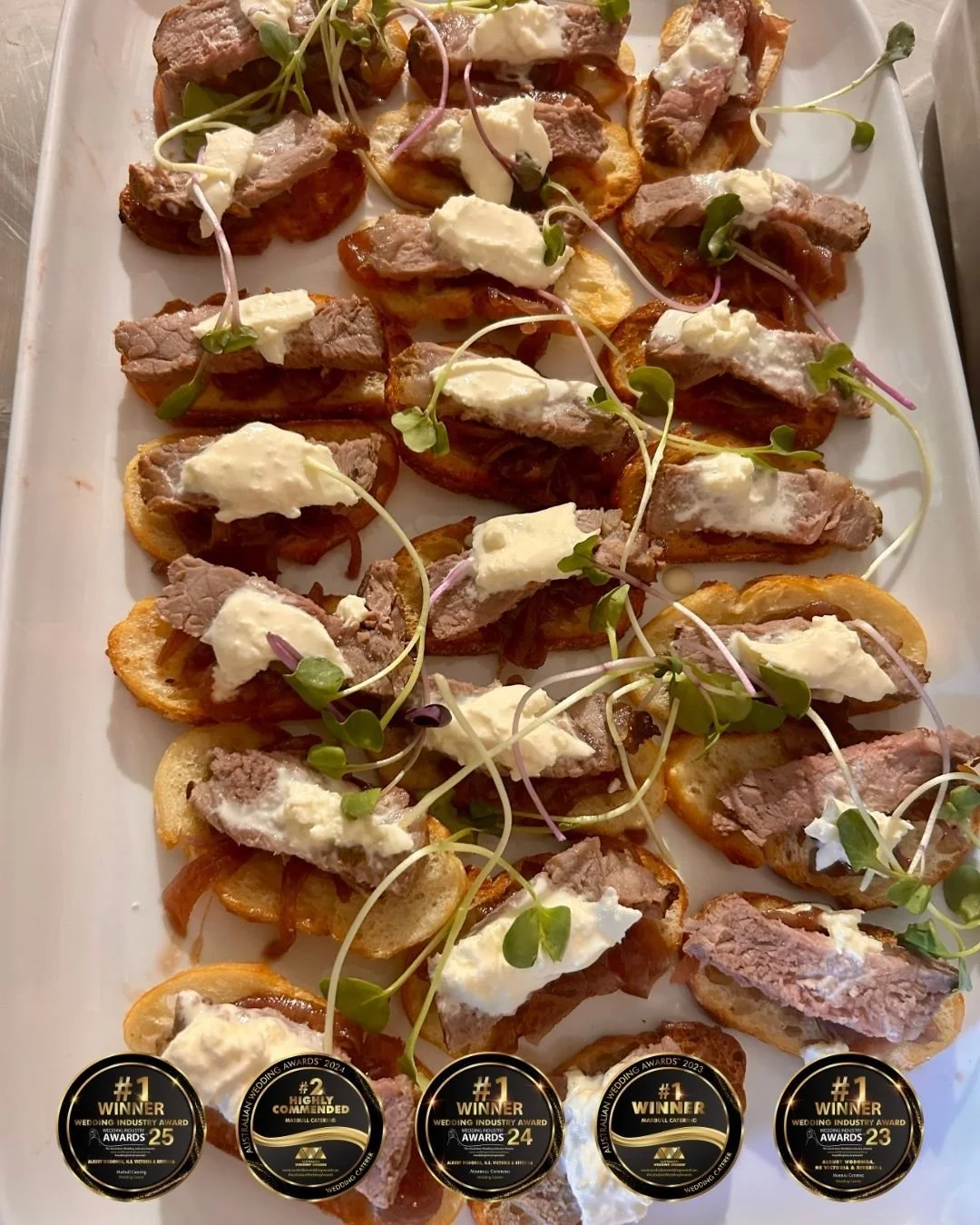 Canap&eacute; Option // Crostini | Burrata | Steak | Caramelised Onion

What a delicious little treat!
Check out all of our canap&eacute; options &amp; our other menus on our website
www.marbullcatering.com