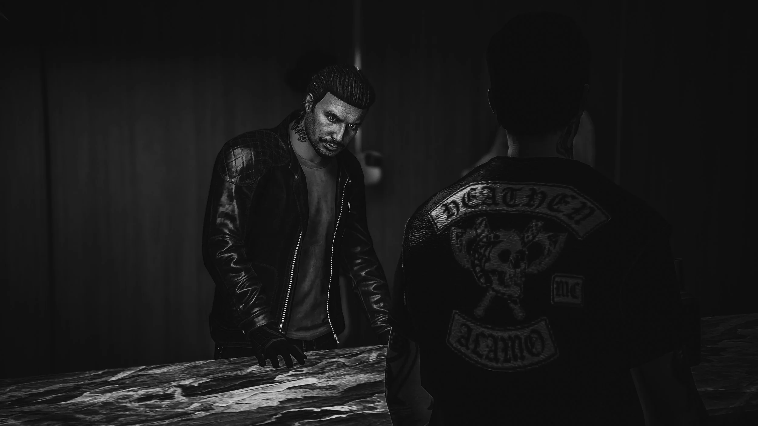 Four individuals with tattoos and masks standing outdoors in a gritty, dark urban environment near motorcycles and a fenced area.