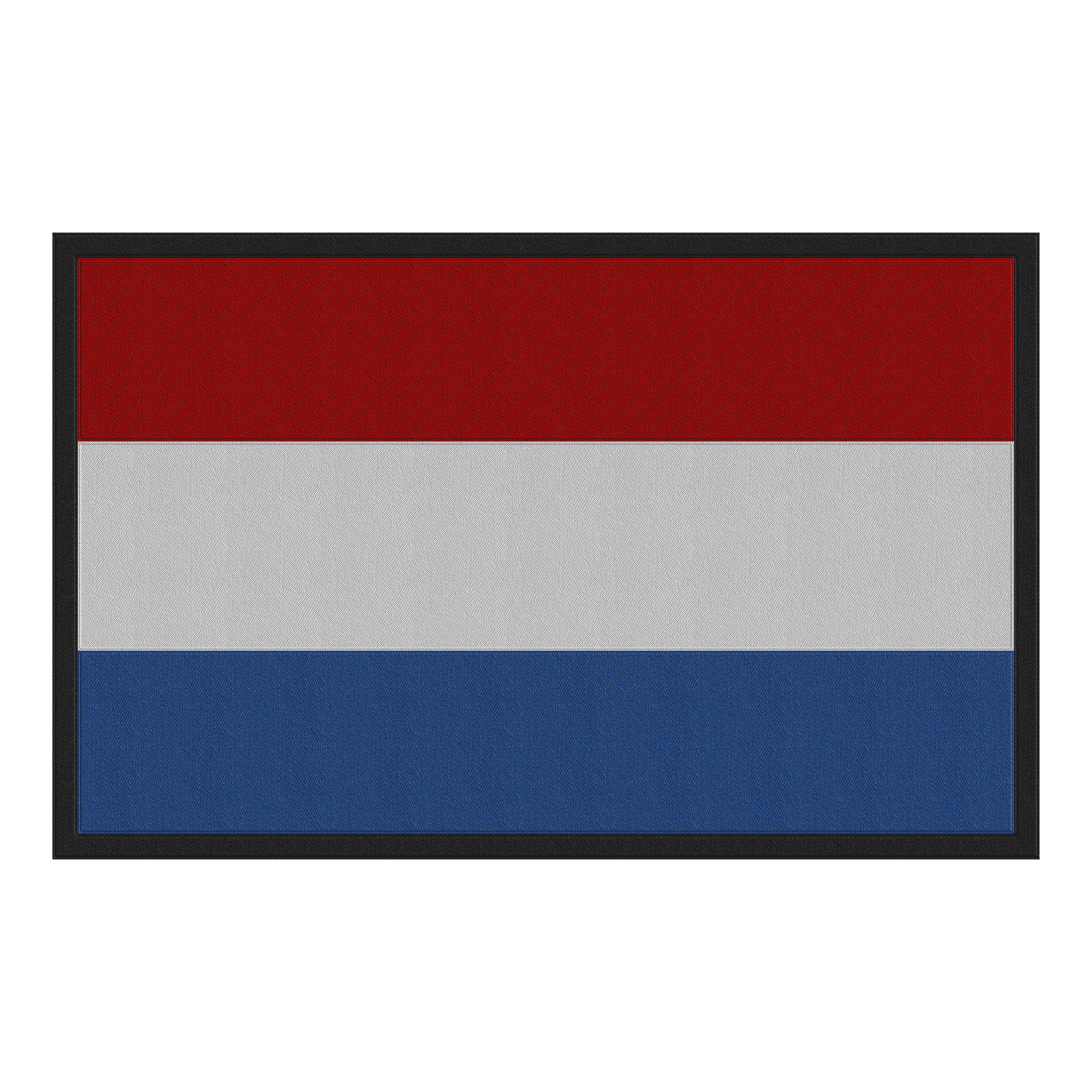 Dutch flag with horizontal red, white, and blue stripes framed in black.