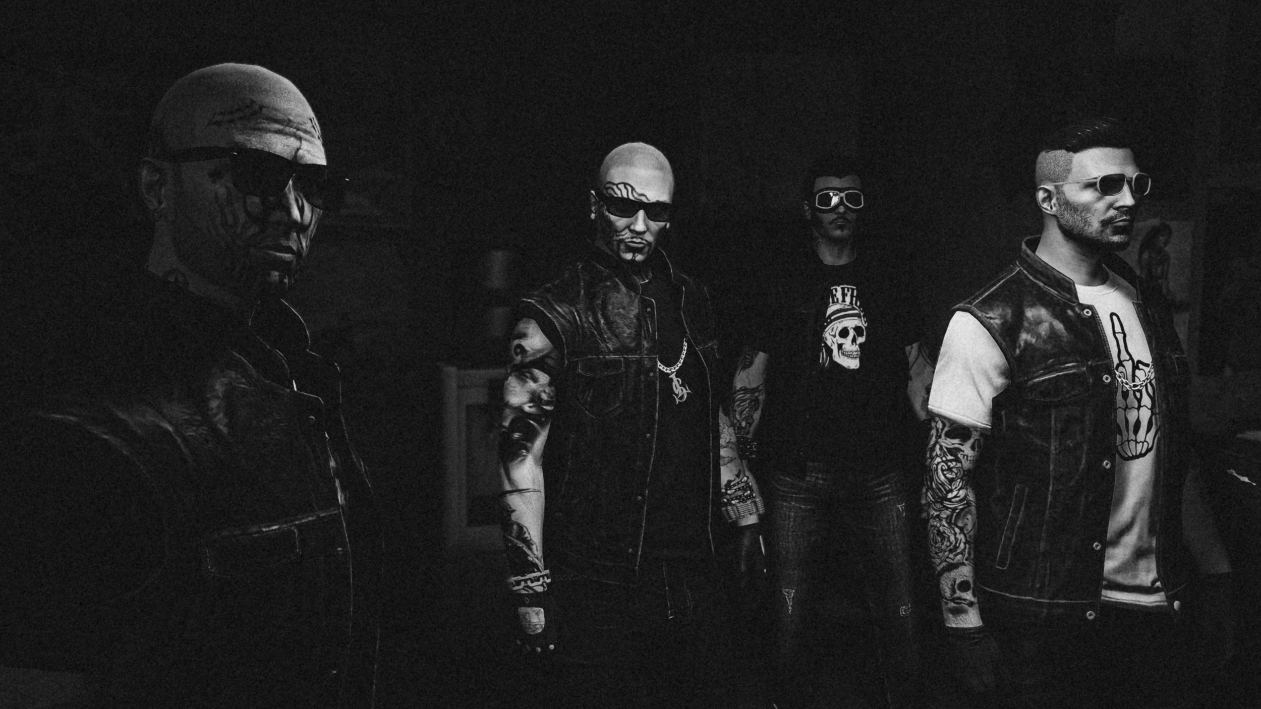 Four individuals with tattoos and masks standing outdoors in a gritty, dark urban environment near motorcycles and a fenced area.