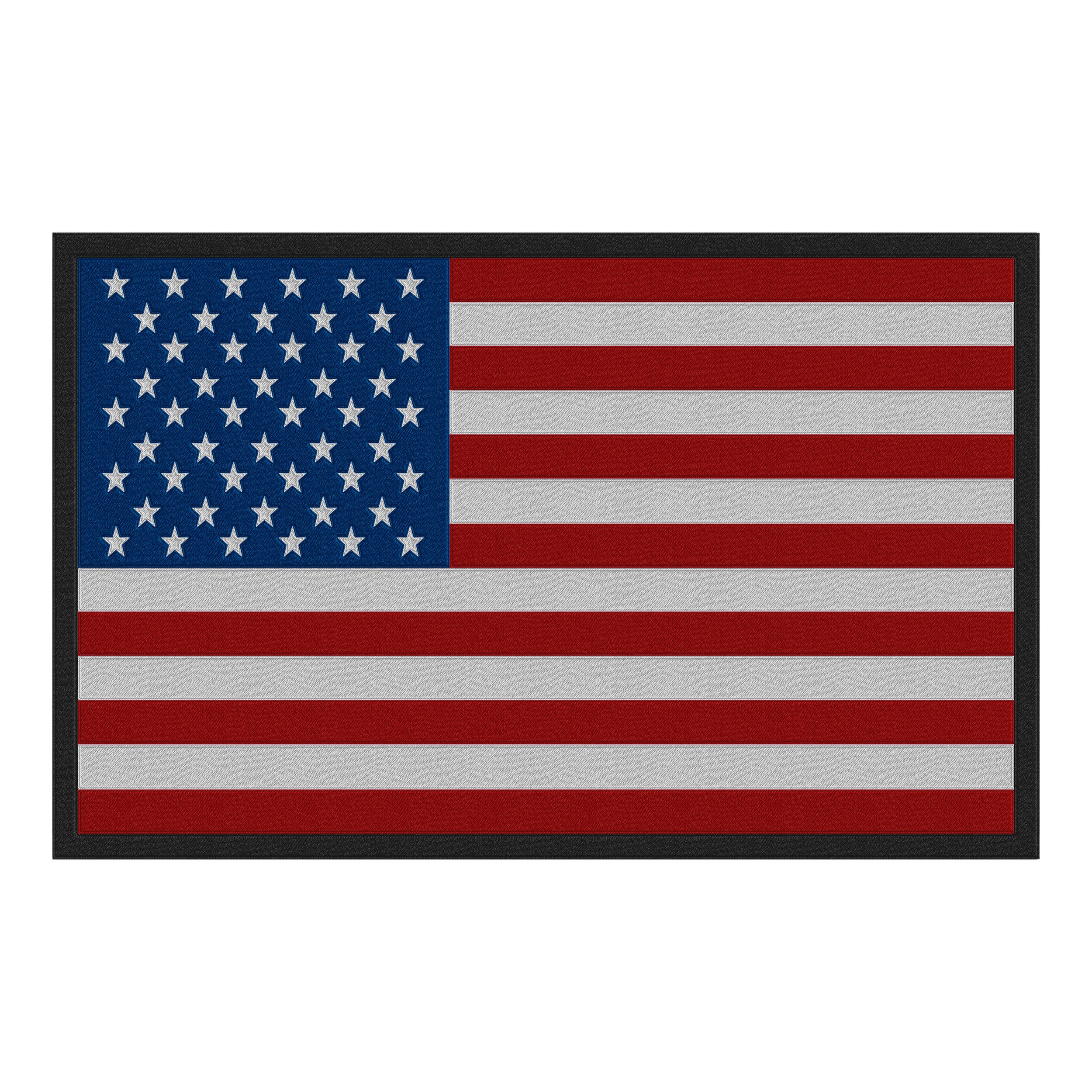 American flag with 50 white stars on a blue field and 13 red and white stripes, bordered in black.