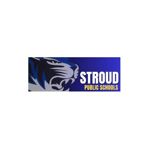 Good Manners Consulting client – Logo for Stroud Public Schools featuring a bold blue and gray tiger head graphic set against a deep blue background, alongside the words “Stroud Public Schools” in white and gold block lettering.