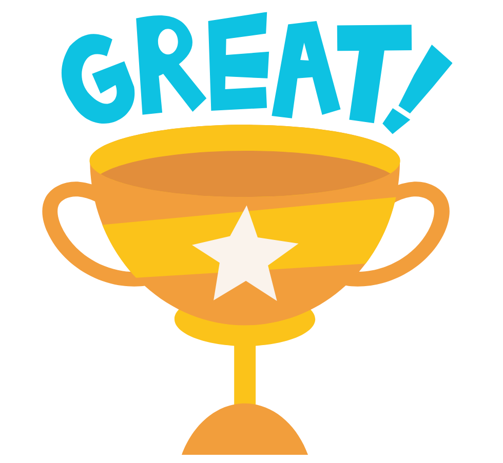 A trophy cup with the word 'GREAT!' above it, celebrating achievement.