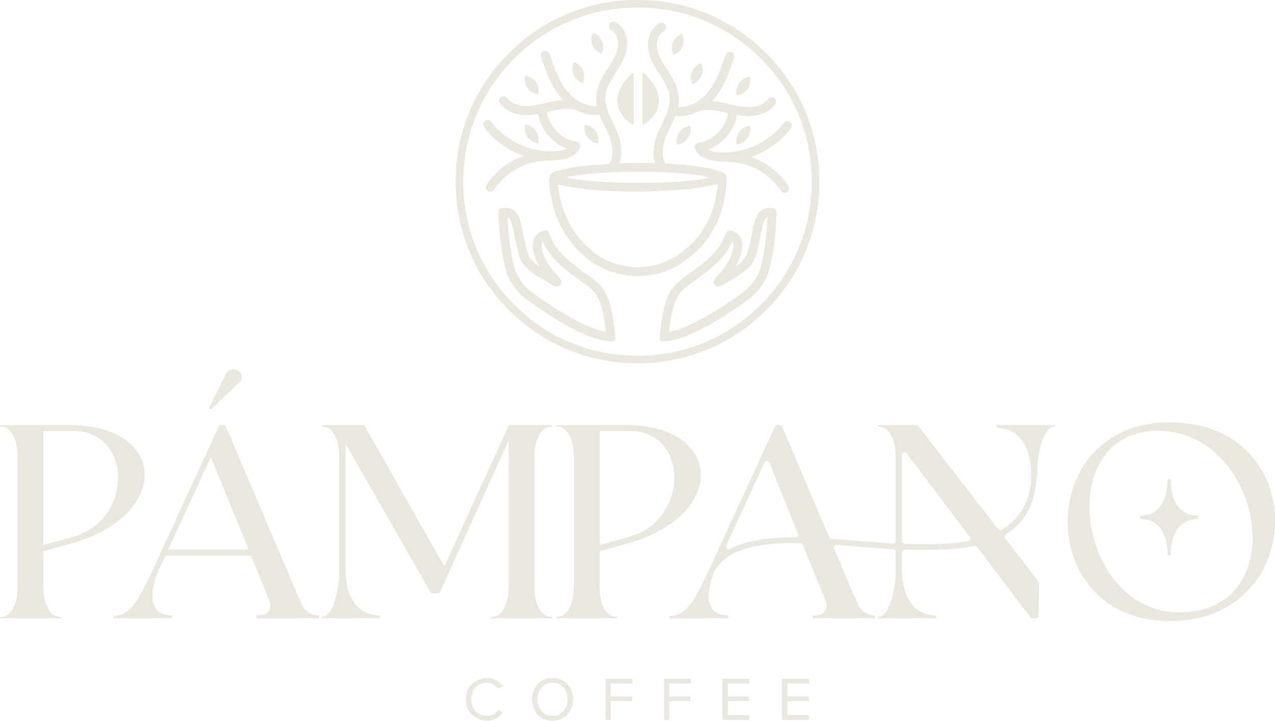 Logo of Pámpano Coffee featuring a tree with a coffee cup in the center, surrounded by stripes, with the text 'Pámando Coffee' below.