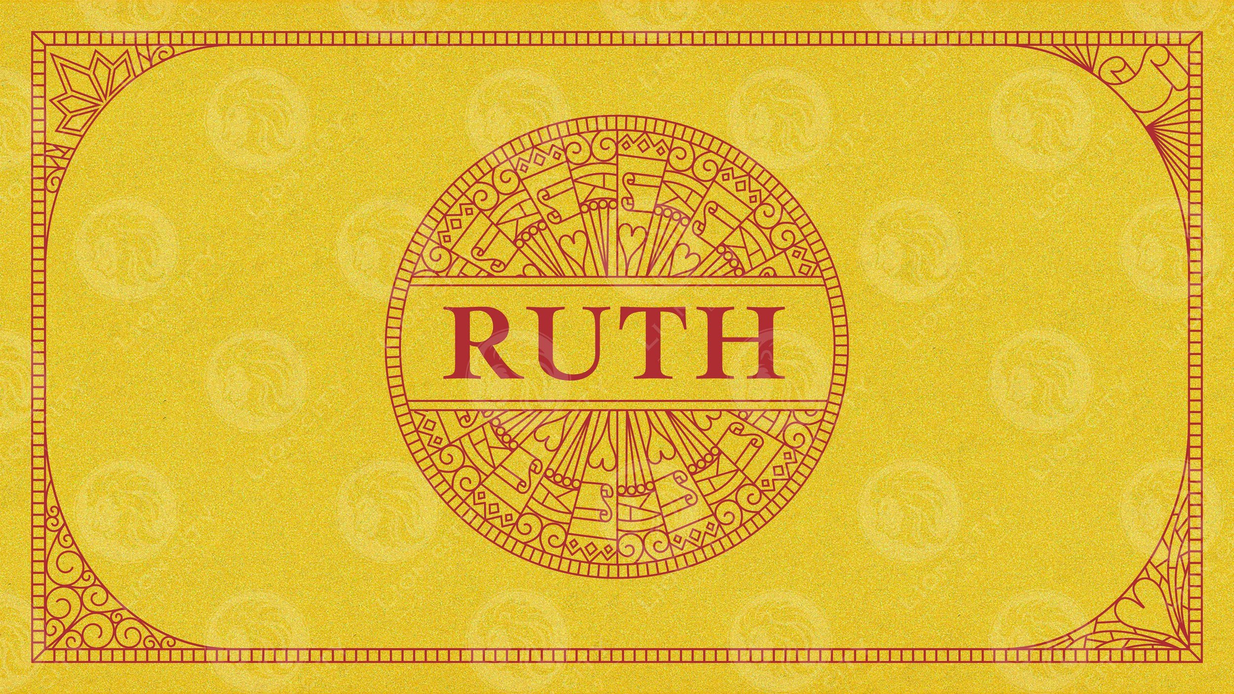 Yellow background with intricate red border and "RUTH" in red letters, central decorative pattern.