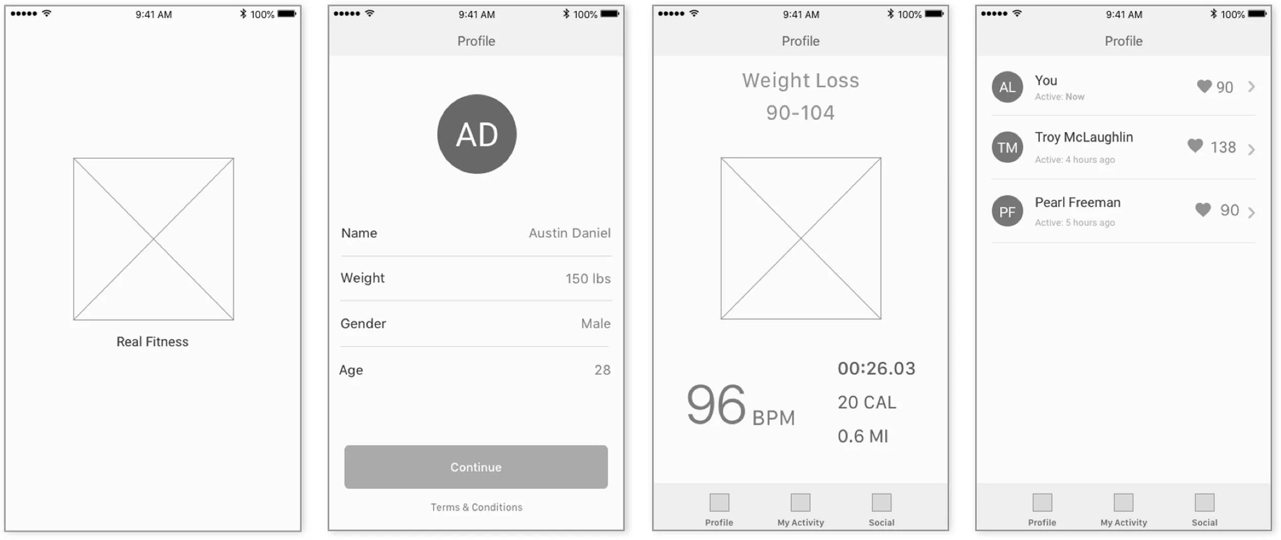 Wireframe diagrams of HeartForm app for Apple watch