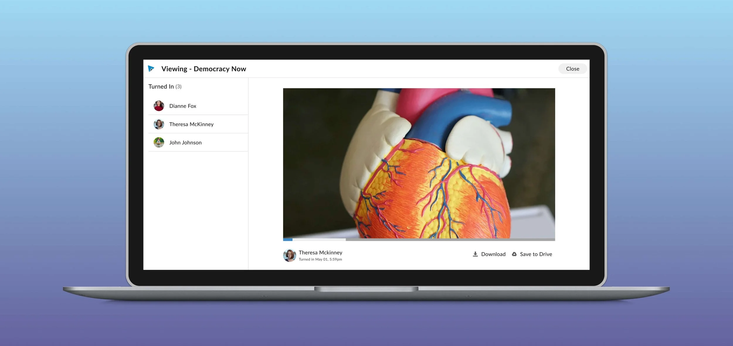 An open laptop shows the WeVideo for Classroom app. The background is blue-purple gradient background