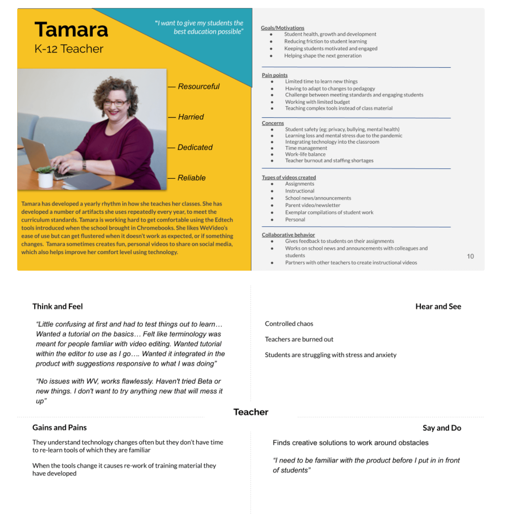 Teacher persona with description of values and empathy map
